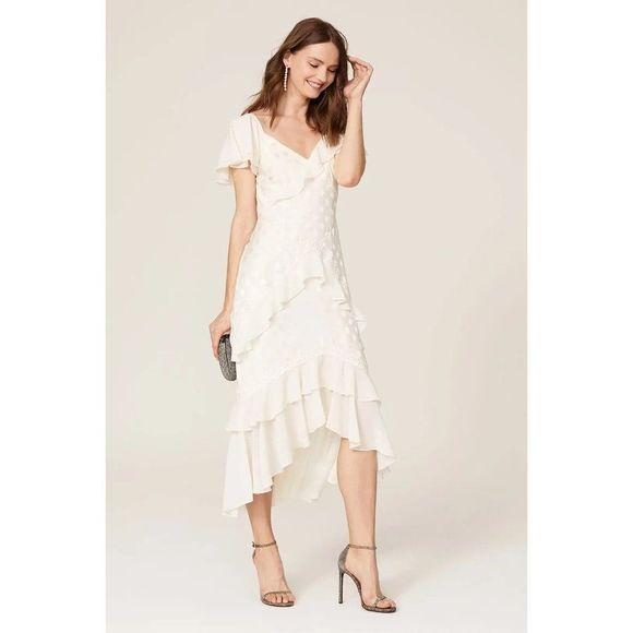 Three Floor Dresses & Skirts - Three Floor White Perle Polkadot Midi Tiered Ruffle Midi High Low Dress Size 4